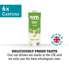 MOMA Oat Drink Semi - 6 x 1L - 1.2% Fat - Our Lightest Option - Fully-Foamable Dairy Free Milk with calcium & vitamins - 100% Plant Based Vegan - Perfect for Tea & Cereal - No Added Sugar - Made in UK