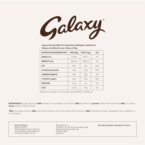 Galaxy Smooth Milk Chocolate Bars, Snack Bars, Sharing Pack, 4 x 42g