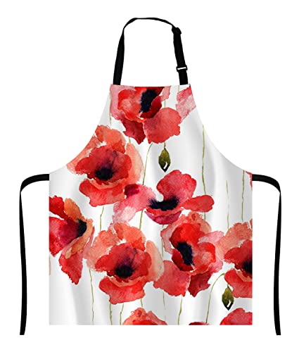 Wasach Poppy Flowers Apron, Watercolor Poppy Bib Apron with Adjustable Neck for Men Women,Suitable for Home Kitchen Cooking Waitress Chef Grill Bistro Baking BBQ Apron