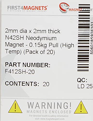 FIRST4MAGNETS F412SH-20 F412SH-2 Dia x 2mm Thick N42SH Neodymium Magnet-0.15kg Pull (High Temp) (Pack of 20), Set of 20 Pieces