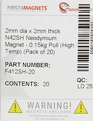 FIRST4MAGNETS F412SH-20 F412SH-2 Dia x 2mm Thick N42SH Neodymium Magnet-0.15kg Pull (High Temp) (Pack of 20), Set of 20 Pieces