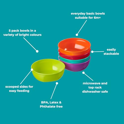 Vital Baby Nourish Perfectly Simple Bowls - 7oz/ 200ml. Baby Weaning and Feeding Bowls - Bright Colours - BPA, Phthalate, Latex-Free - Durable - Ideal for Toddlers – Microwave/Dishwasher Safe - 5pk