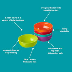 Vital Baby Nourish Perfectly Simple Bowls - 7oz/ 200ml. Baby Weaning and Feeding Bowls - Bright Colours - BPA, Phthalate, Latex-Free - Durable - Ideal for Toddlers – Microwave/Dishwasher Safe - 5pk