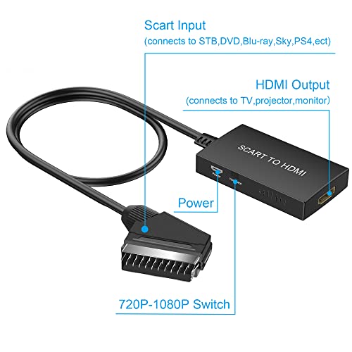 uhddadi Scart to HDMI Converter with HDMI Cable, Full HD 720P/1080P Switch Video Audio Converter for HDTV Monitor Projector STB VHS Xbox PS3 Sky Blu-ray DVD Player