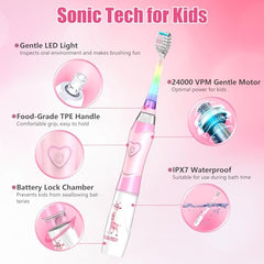 Dada-Tech Kids Electric Toothbrush, Sonic Childrens Battery Powered Soft Tooth Brush with Timer for Junior Boys and Girls Ages 2and, Rainbow Flashing LED Light, Waterproof, 4 Brush Heads (Pink)