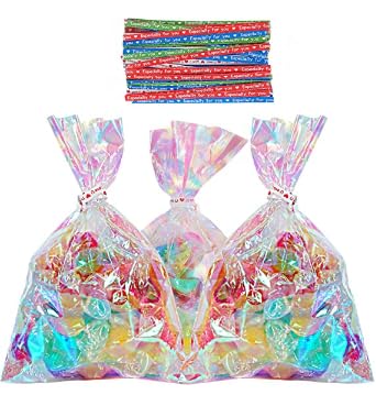 Cellophane Sweet Bags, 100pcs 4x6 Inch Iridescent Small Clear Party Bags with Coloured Twist Ties for Cookie, Candy, Treat, Gift Bags, Great for Kids Birthday Party Favors