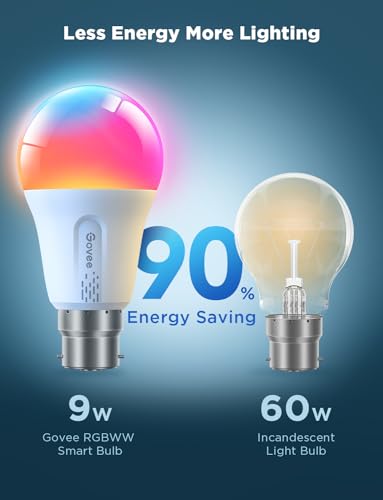 Govee RGBWW Smart Bulbs, Colour Changing Light Bulbs with Music Sync, 54 Dynamic Scenes 16 Million DIY Colours WiFi & Bluetooth B22 LED Bulbs Work with Alexa, Google Assistant Home App, 1 Pack