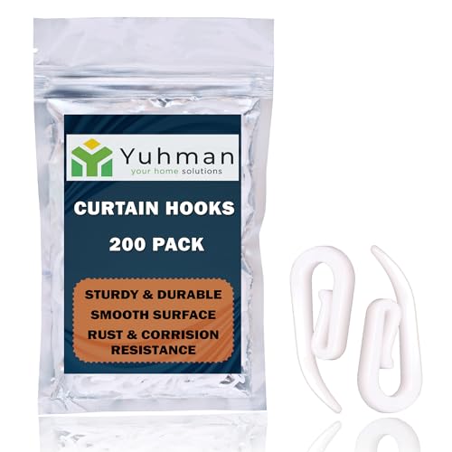 Yuhman 200-Pack Premium White Plastic Curtain Hooks - 2.8cm x 1.2cm - Versatile Heavy - Duty Design for Windows, Doors, and Showers - Fits All Types of Curtains