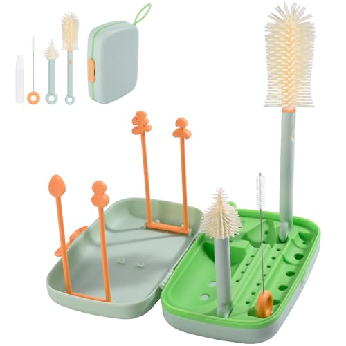 Bebamour Travel Baby Bottle Brushes for Cleaning 6 in 1 Portable Silicone Bottle Brush, Nipple Cleaner Brush, Straw Brush, Soap Dispenser and Bottle Drying Rack, Green