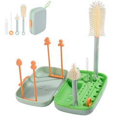 Bebamour Travel Baby Bottle Brushes for Cleaning 6 in 1 Portable Silicone Bottle Brush, Nipple Cleaner Brush, Straw Brush, Soap Dispenser and Bottle Drying Rack, Green