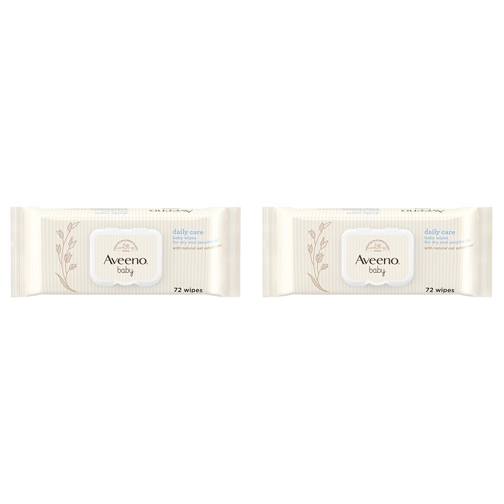 Aveeno Baby Daily Care Wipes, Unscented, White, 72 Count (Pack of 2)