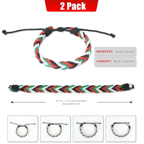 hnhesn 2 Pack Palestine Style Handmade Bracelets Adjustable Palestinian Gaza Flag Rope Wrap Bangles String Thread Wristbands for Men Women