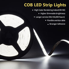 COB LED Strip 5M, Daylight White 6000K LED Strip Light DC24V, 480leds/M, CRI90and Super Bright Uniform Dotless LED Tape Lights for Cabinet Kitchen Home DIY Indoor Lighting Projects (No Power Supply)