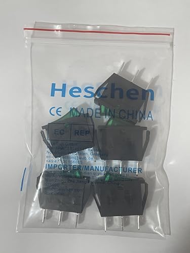 Heschen Rocker Switch, ON-OFF, SPST, 3 Terminals, Green Light, 16A 250VAC, 5Pack