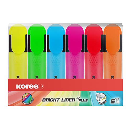 Kores - Bright Liner Plus: Coloured Fluorescent Highlighter Pens, Chisel Tip and Water-based Ink, Ergonomic Shape, School and Office Supplies, Pack of 6 Assorted Colours