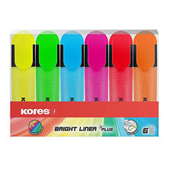 Kores - Bright Liner Plus: Coloured Fluorescent Highlighter Pens, Chisel Tip and Water-based Ink, Ergonomic Shape, School and Office Supplies, Pack of 6 Assorted Colours