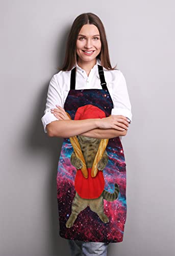 Wasach Funny Cat Apron, The beige cat baker in a red chef hat and apron is holding two loaf of french bread Adjustable Bib Apron, Cooking Kitchen Apron for Men Women