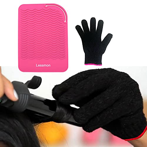 Flat Iron Travel Mat, Curling Iron Counter Protector with Heat Resistant Glove for Curling Irons, Hair Straightener, Flat Irons and Hair Styling Tools, 9” x 6.5”, Pink by Lessmon