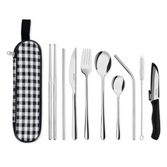 hecef 10 PCS Camping Travel Cutlery Set with Compact Cloth Bag, Reusable Stainless Steel Utensils, Handy Flatware Set for Work, School, Camping, and Travel (Silver)