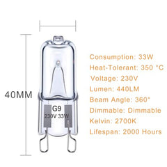 Ugvmn G9 Halogen Light Bulbs 33W, G9 Clear Capsule Bulb Warm White 2700K, G9 Oven Bulb No Strobe, G9 Bi-Pin Base No Flicker, AC 220-240V, Dimmable, 10 Pack