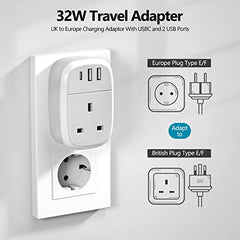 European Plug Adapter, UK to EU Euro Europe Schuko 32W USB C Fast Travel Charger Grounded USBC Adaptor Type C for Germany France Spain Turkey Greece Iceland Poland Russia Portugal Austria(Type E/F)