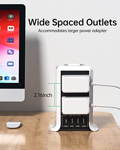 Tower Extension Lead with USB C Slots, 8 Way Multi Plug Extension Tower (13A 3250W)，Surge Protected with Switch, 2M Extension Cable, Plug Socket Extension Cord for Home, Office