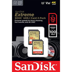 SanDisk 32GB Extreme SDHC cards (2-pack) and RescuePRO Deluxe, up to 100MB/s, UHS-I, Class 10, U3, V30