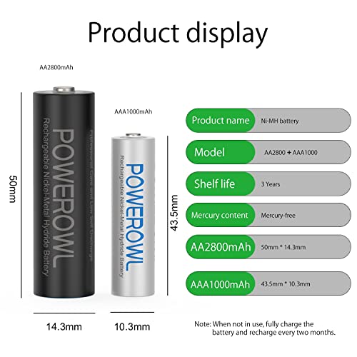 Powerowl Pack of 32 AA AAA Rechargeable Batteries, High Capacity 16 AA 2800mAh & 16 AAA 1000mAh 1.2V NiMH Battery Low Self Discharge,Pre-Charged