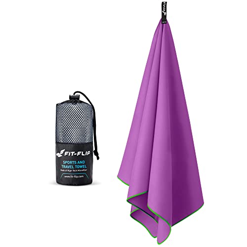 Fit-Flip Swimming towel - fast drying microfibre beach towel - ultra absorbent thin towels for travel, beach & gym - lightweight camping towel (30x50cm purple-green - without bag)