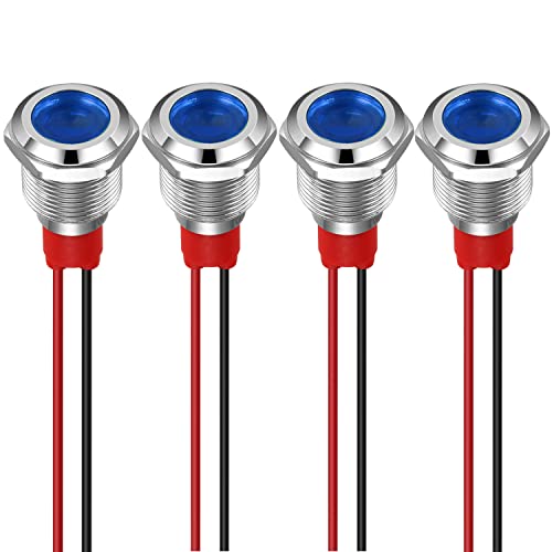 GUUZI 4pcs 12mm LED Indicator Light 220-230V Waterproof Signal Light Metal Panel LED Indicator Signal Light Panel Mount Flat Head with Wires Silver Shell (Blue)