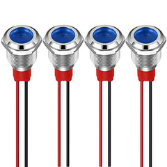 GUUZI 4pcs 12mm LED Indicator Light 220-230V Waterproof Signal Light Metal Panel LED Indicator Signal Light Panel Mount Flat Head with Wires Silver Shell (Blue)