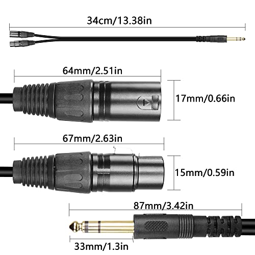 GELRHONR 1/4 Inch 6.35mm TRS Male to 2 XLR Balanced Interconnect Stereo Audio Cable,Dual XLR to 1/4inch (6.35mm) TRS Stereo Cable for Speaker Mic Guitar Mixer AMP-34cm