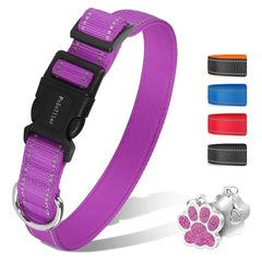 PcEoTllar Soft Dog Collar, Reflective Puppy Small Dog Collar, Nylon Neoprene Padded Dog Collar Medium, Adjustable Large Dog Collars with Tag, Basic Dog Collar, Purple-L