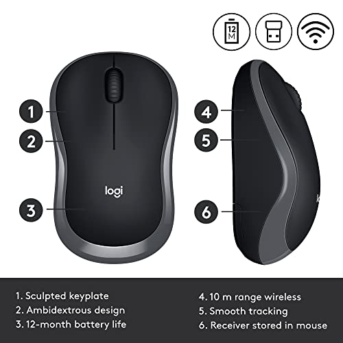 Logitech M185 Wireless Mouse, 2.4GHz with USB Mini Receiver, 12-Month Battery Life, 1000 DPI Optical Tracking, Ambidextrous, Compatible with PC, Mac, Laptop - Grey