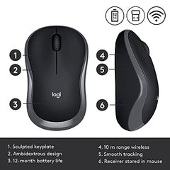 Logitech M185 Wireless Mouse, 2.4GHz with USB Mini Receiver, 12-Month Battery Life, 1000 DPI Optical Tracking, Ambidextrous, Compatible with PC, Mac, Laptop - Grey