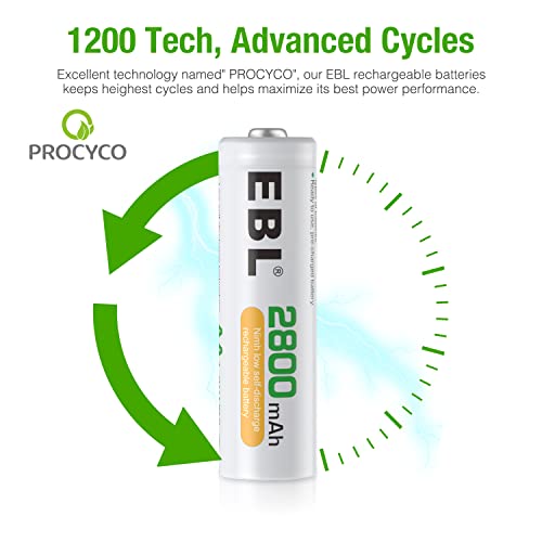 EBL AA Rechargeable Batteries 2800mAh, 8 Counts High Performance 1200 Tech Ni-MH Batteries