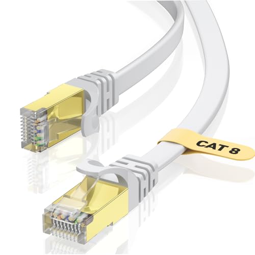 VOIETOLT Cat8 Ethernet Cable 5M, 40Gbps/2000Mhz Flat High Speed Network Cable, STP RJ45 Gigabit Cat-8 Lan Internet Cable for PS4/5, Xbox, Modem - White