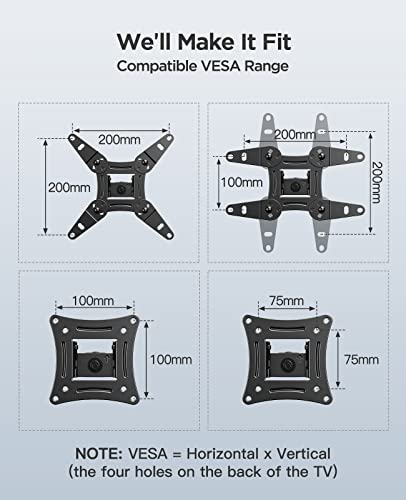 PERLESMITH TV Wall Bracket for 13-42 inch TVs, Swivels Tilts TV Wall Mount for Flat & Curved TV，VESA 75x75mm to 200x200mm up to 20kg