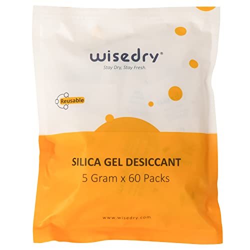 wisedry Silica Gel Sachets Pouches Desiccant 5 Gram [60 PACKS] with Orange Beads Humidity Indicator Moisture Absorber for Air Dryer Moisture Removal, Food Grade