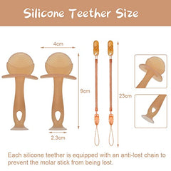 Vicloon Teething Toys for Baby, 2pcs Teether Toy Silicone Baby Teether, Baby Teething Toy with 2 Anti-Lost Chain, Teething Ring for 2 Months Above Infant Sore Gums Pain Relief（Brown）