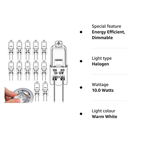 Chenilles G4 Halogen Light Bulbs 10W 12V,12 Pack Halogen Bulbs Lamp Bulb Halogen 2 Pin Base Warm White Dimmable [Energy Class G]