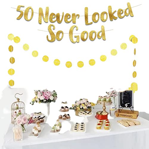 50 Never Looked So Good Banner and 2m Paper Circle Dots Hanging Garland Kit Paper Banner Bunting for Funny Birthday Party Hanging String Flag