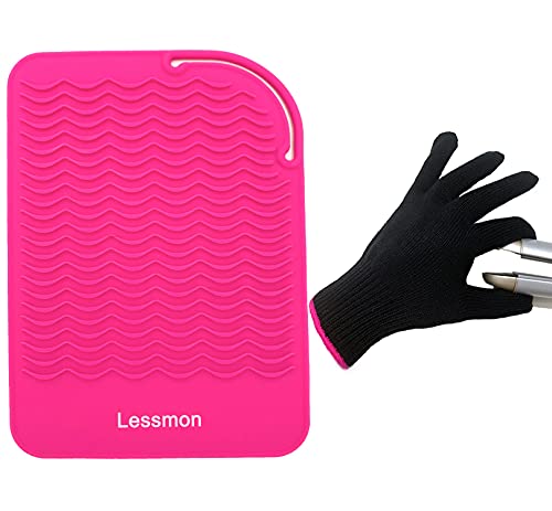 Flat Iron Travel Mat, Curling Iron Counter Protector with Heat Resistant Glove for Curling Irons, Hair Straightener, Flat Irons and Hair Styling Tools, 9” x 6.5”, Pink by Lessmon