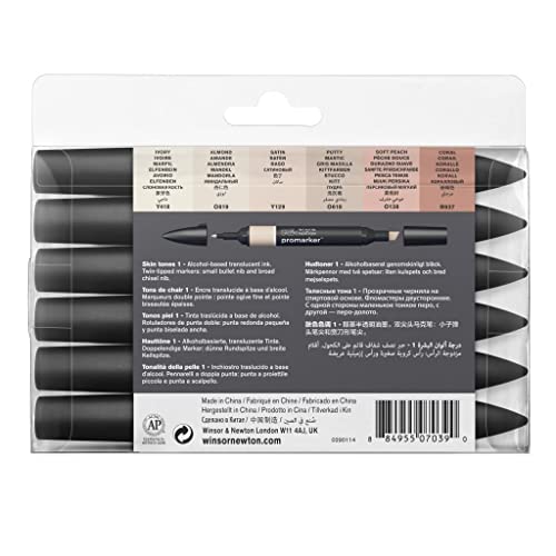 Winsor & Newton, Promarker, Skin Tones I, Set of 6, Alcohol Based Dual Tip Markers