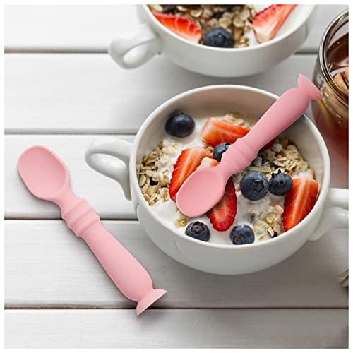 Vicloon Baby Fork and Spoon Set, 3Pcs Silicone Spoon Baby Weaning Spoon Set Self Feeding Utensil Easy Grip Toddler Cutlery Kit, Soft Baby Spoon for Infant Toddler Children First Led Training Weaning