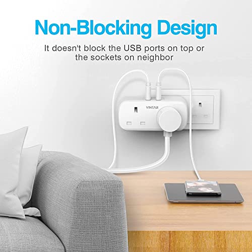 [1-pack] VINTAR Double Plug Adaptor with 2 USB, 2 Way Plugs Extension Multi Sockets Wall Charger Adapter, 13A UK 3 Pin Power Socket for Bedroom, Office, Kitchen, White