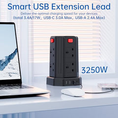 Tower Extension Lead, [13A 3250W] Surge Protector Extension Lead,8 AC Outlets & 4 USB Ports Multi Plug Socket Power Strip with 3M Extension Cable for Home, Office