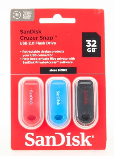 SanDisk 32GB Cruzer Snap USB 2.0 Flash Drives Black/Blue/Red (3-pack)