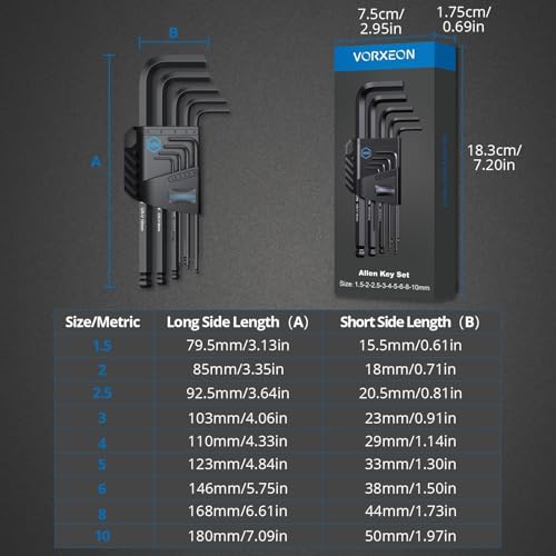 VORXEON 9PCS Allen Wrench Hex Key Set 1.5mm-10mm, Metric Long Ball End Allen Key Set L-Key with Visible Coding for Bike Motorcycle Repair Furniture Assembly Household DIY