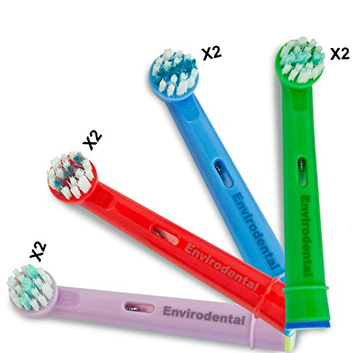 Eco Friendly Oral B Compatible Replacement Kids Toothbrush Heads by Envirodental - Fully Recyclable Colourful Pack of 8 Brushes - with Soft Bristles for Kids - for Electric Toothbrushes